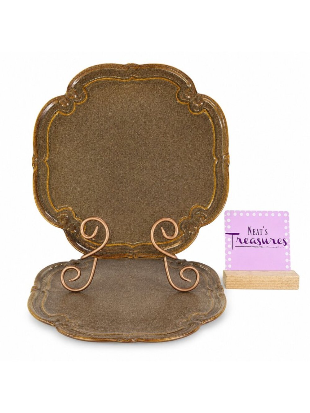 Bombay BMA16 French Farmhouse Brown Sponged Scrolls Ceramic Dinner Plates Set 2